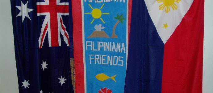 Australian and Philippines flags with a banner between them reading Mabuhay Filipinana Friends