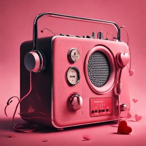 A pink radio with a love heart shaped dial.